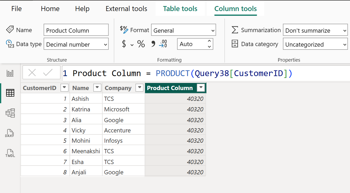 PRODUCT dax function in Power BI PRODUCT dax function in Power BI