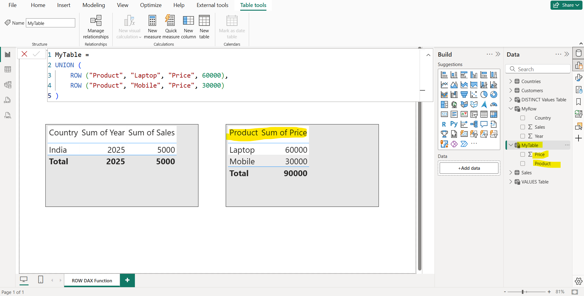 ROW dax function in Power BI