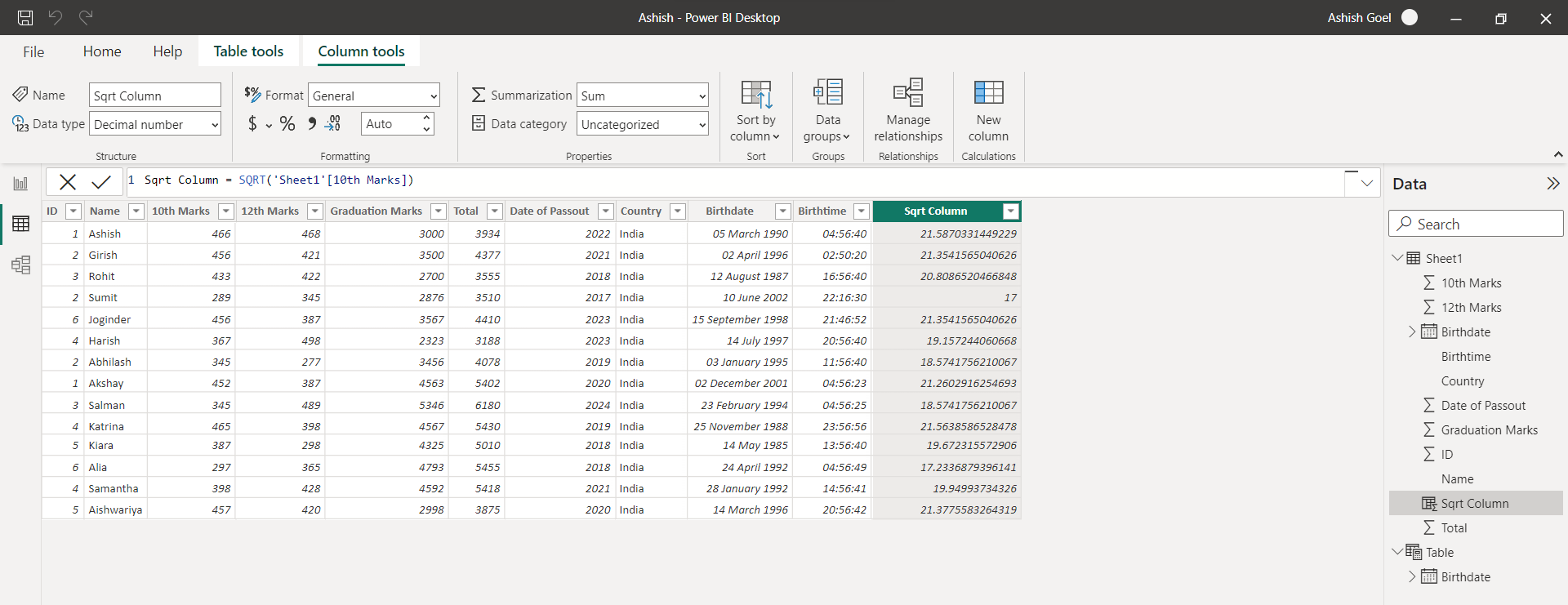 SQRT dax function