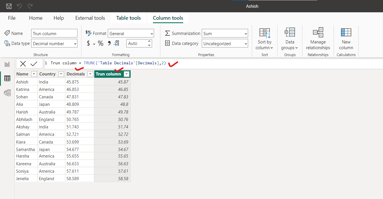 TRUNC dax function