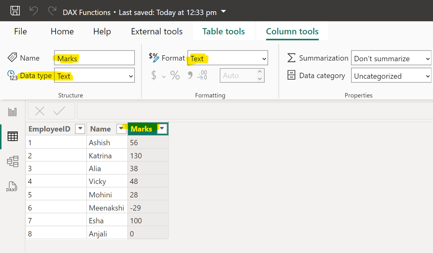VALUE dax function in Power BI