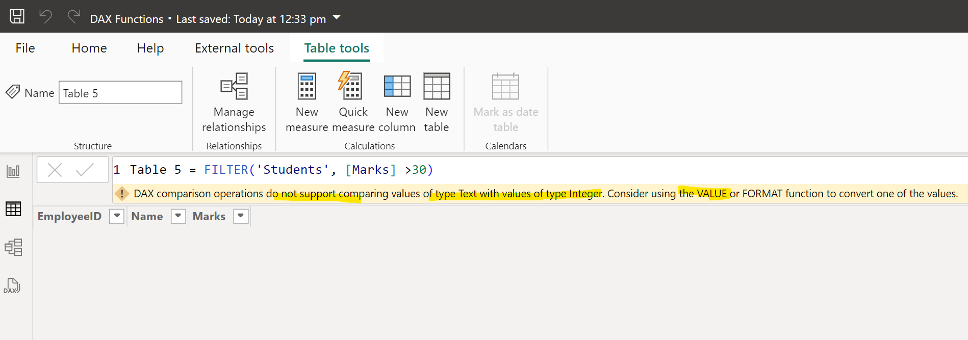 VALUE dax function in Power BI