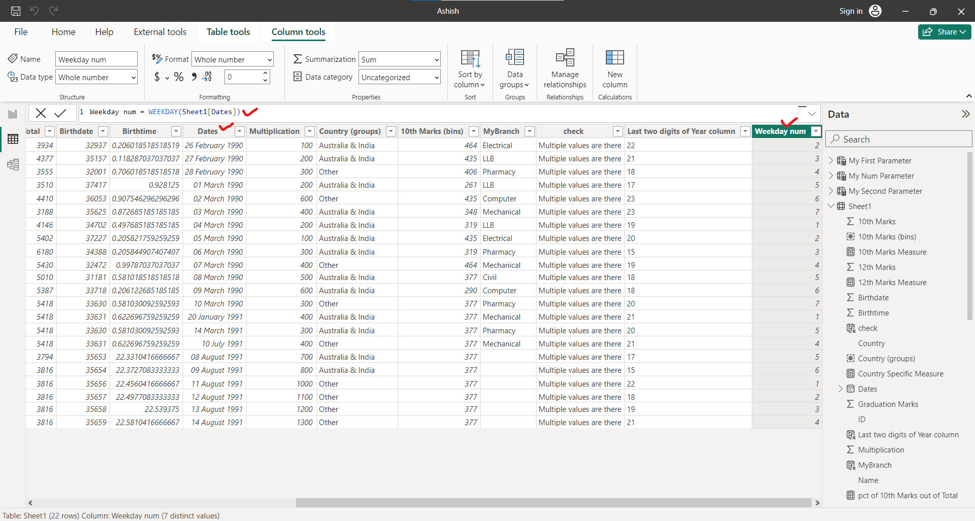 WEEKDAY dax function in Power BI