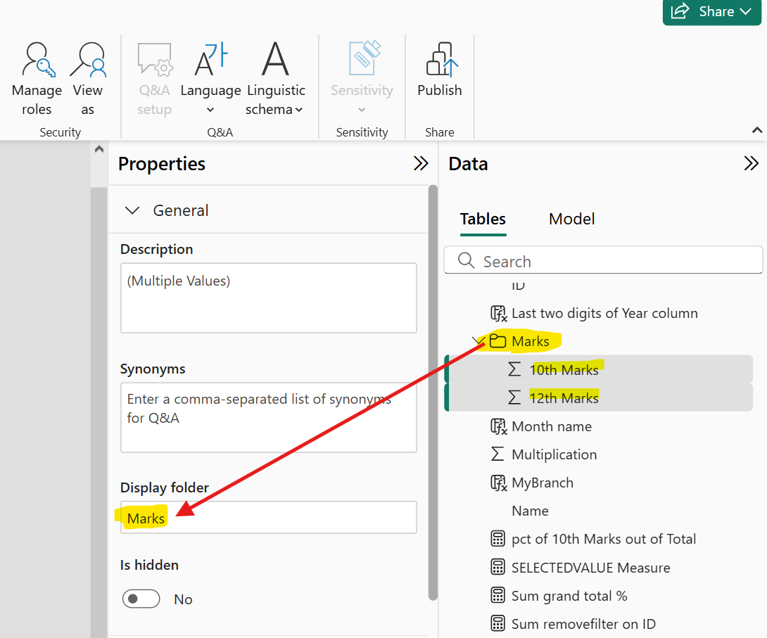 Fields in a Display folder in Power BI Fields in a Display folder in Power BI