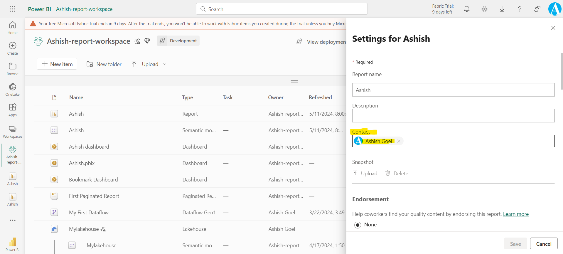 Set contact information for reports and dashboards in the Power BI service