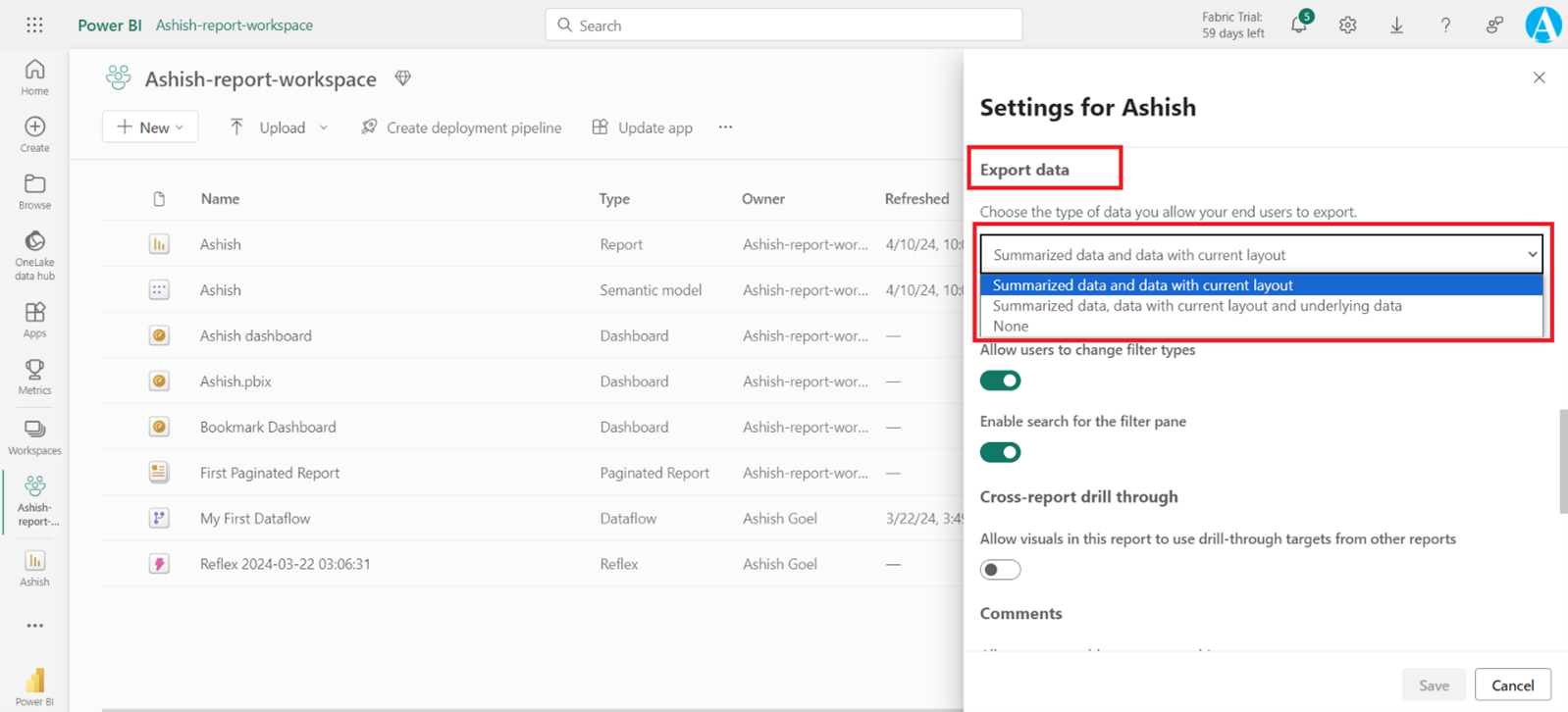 Export data from report and dashboard