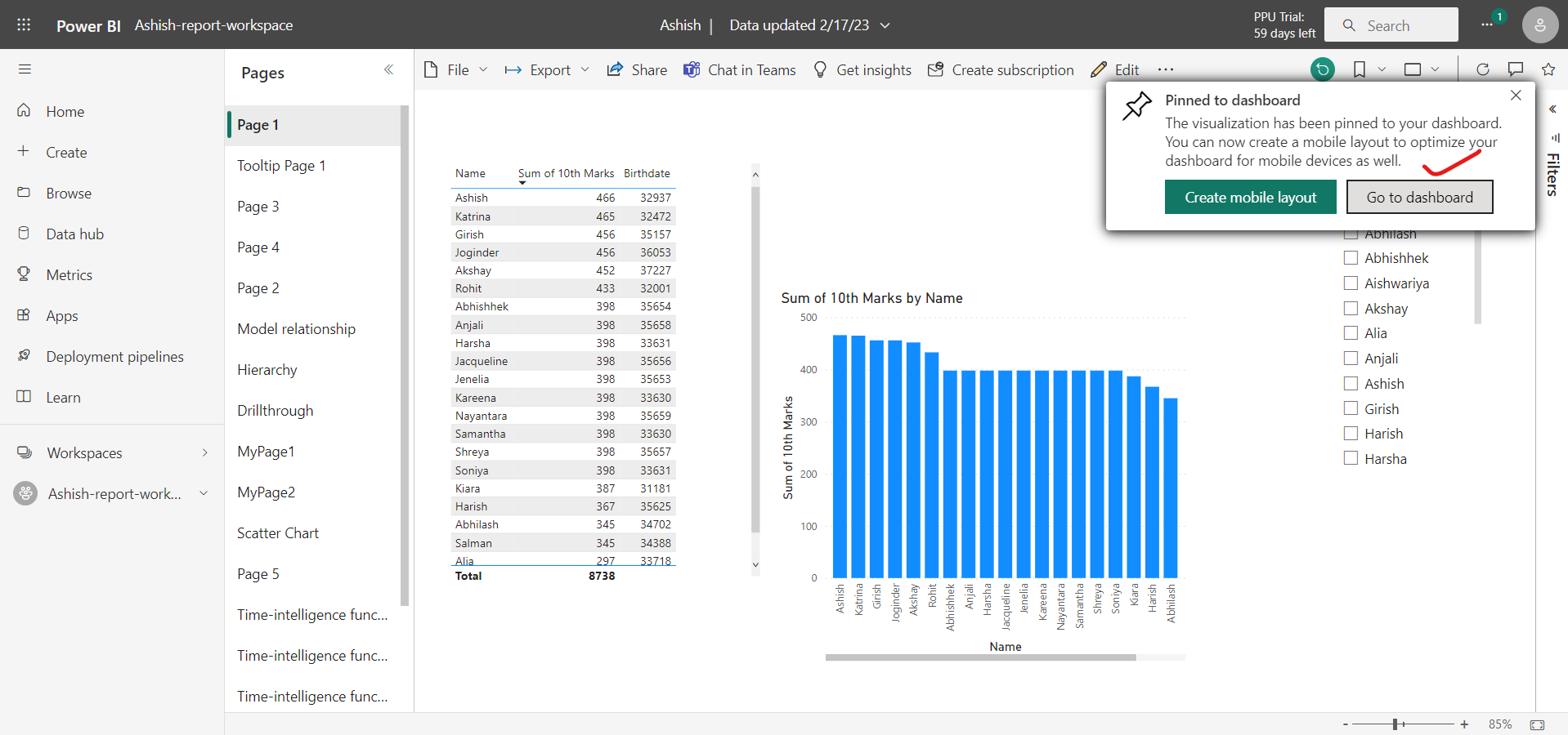 Dashboard in Power BI Service