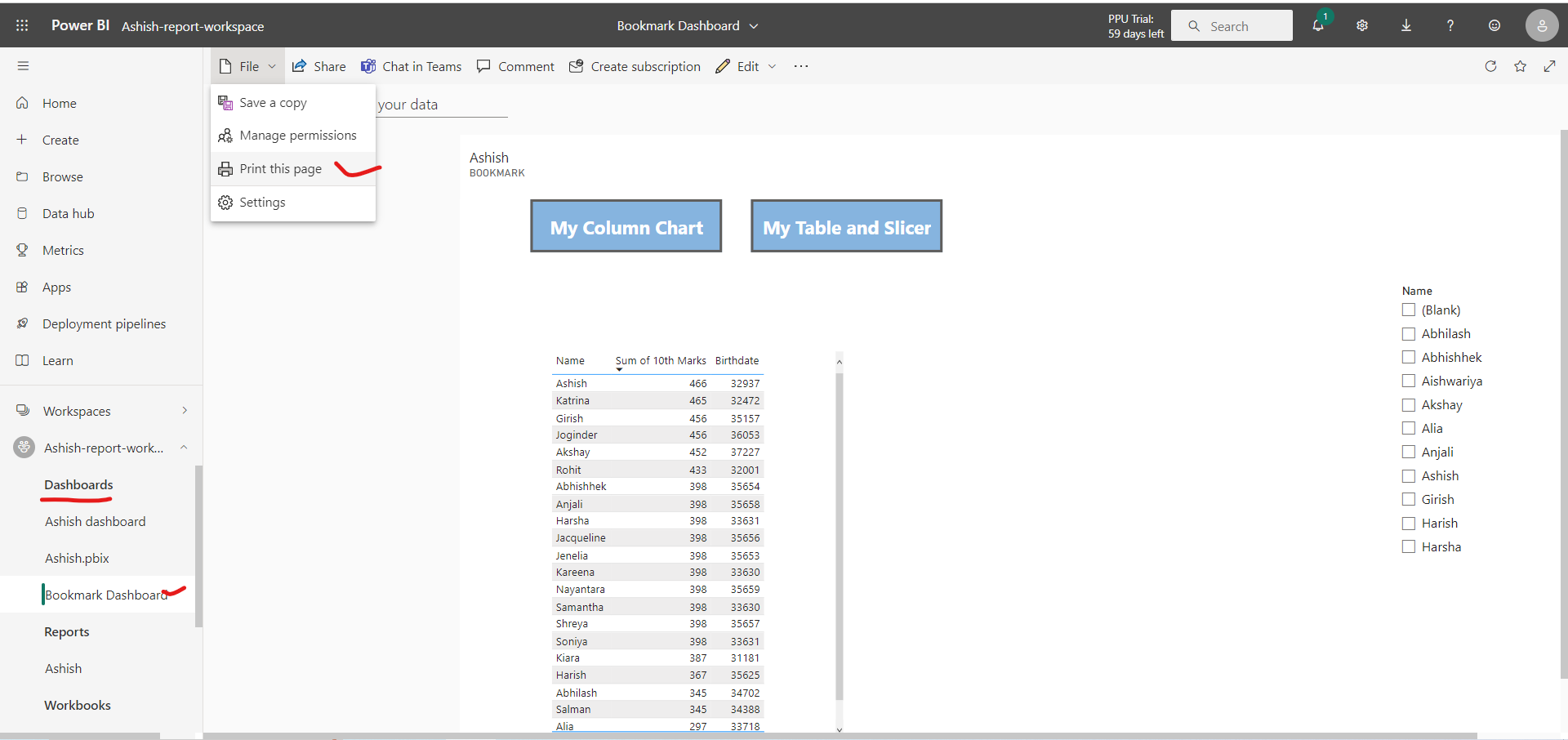 Print a dashboard in Power BI Service