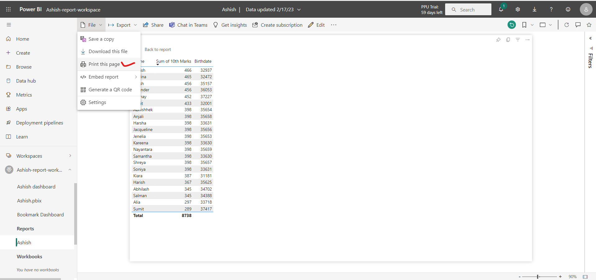 Print a dashboard in Power BI Service