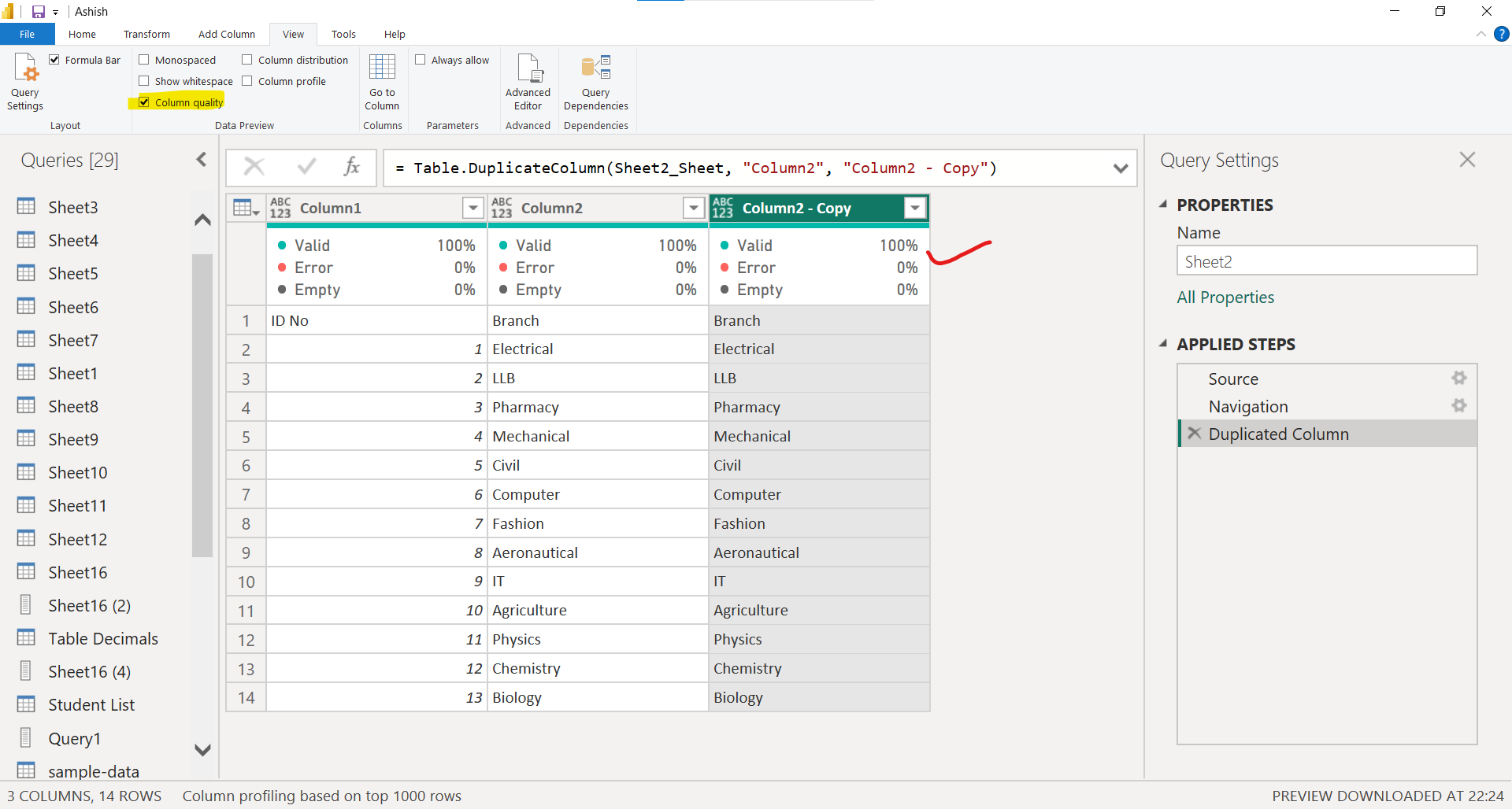 Column Quality in Power Query Editor