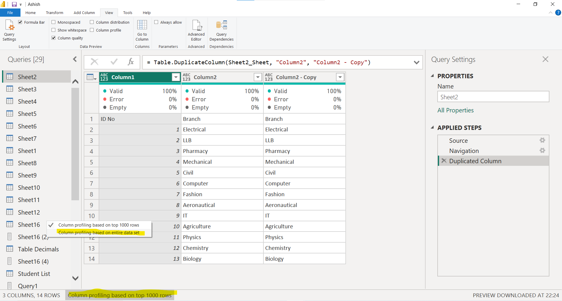 Column Quality in Power Query Editor