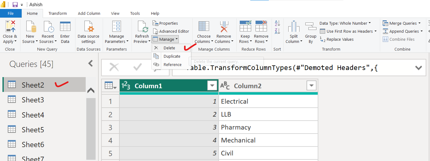 Delete a table (query) from Power BI