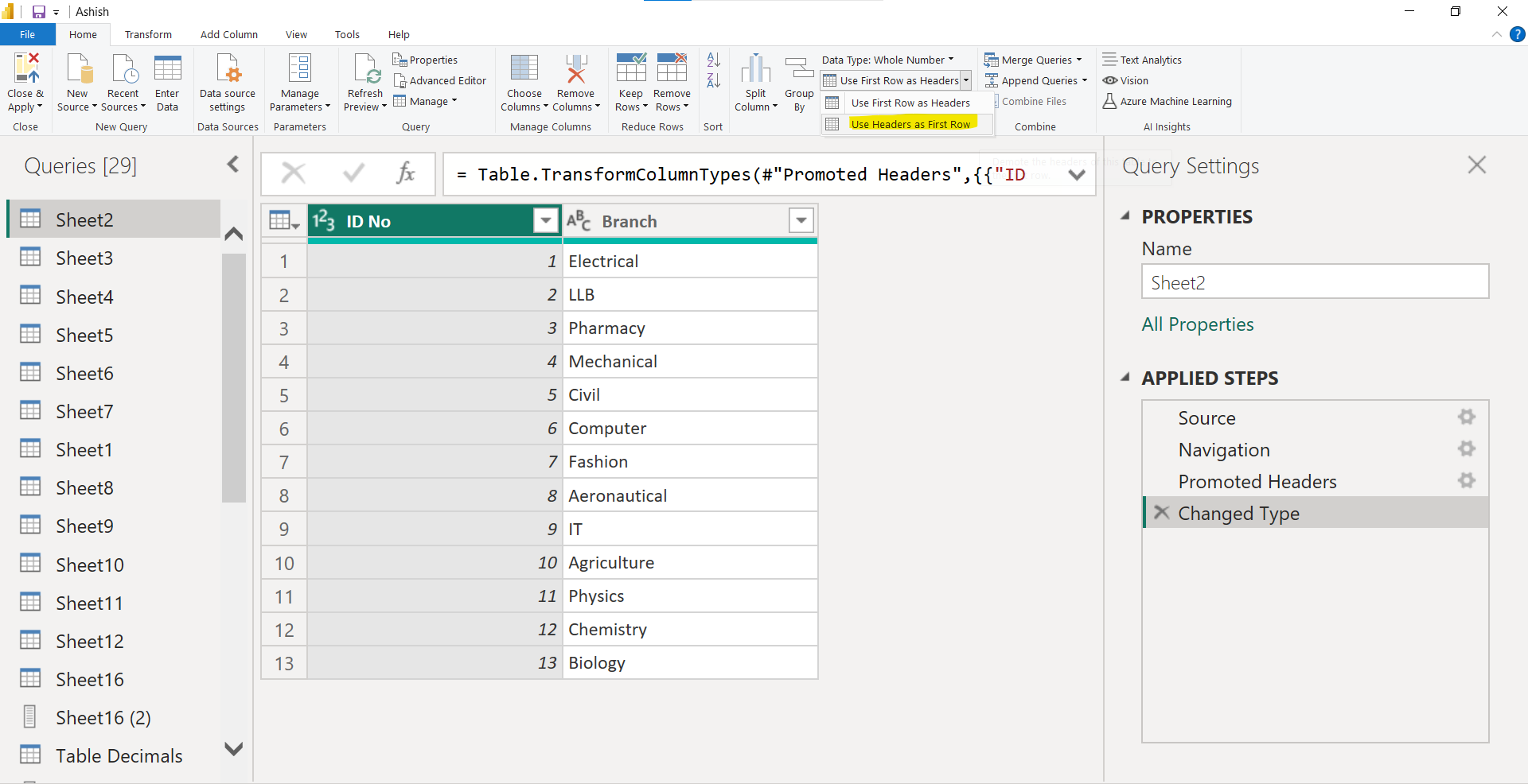 Demote Header in Power BI