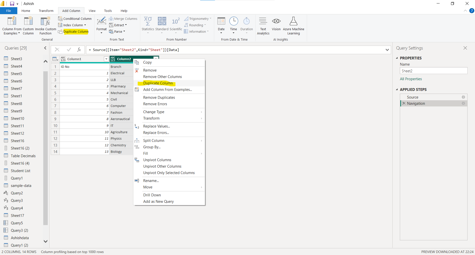 Duplicate Column in Power Query Editor