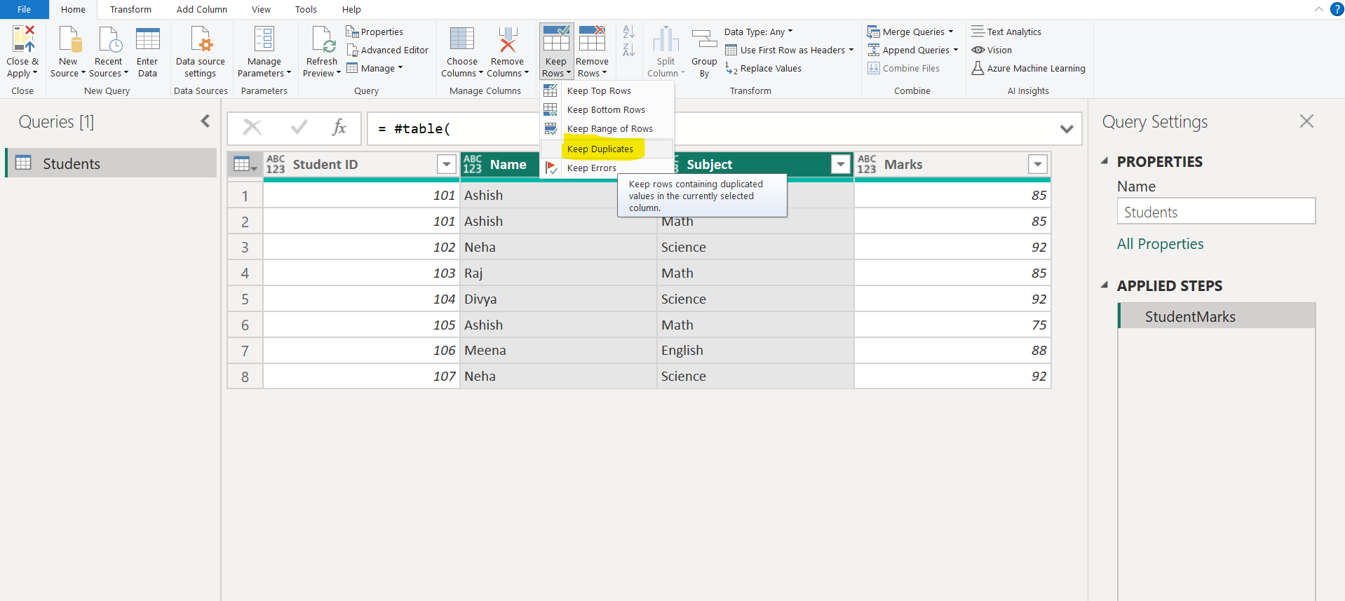 Keep Duplicates from Keep Rows Dropdown Keep Duplicates from Keep Rows Dropdown