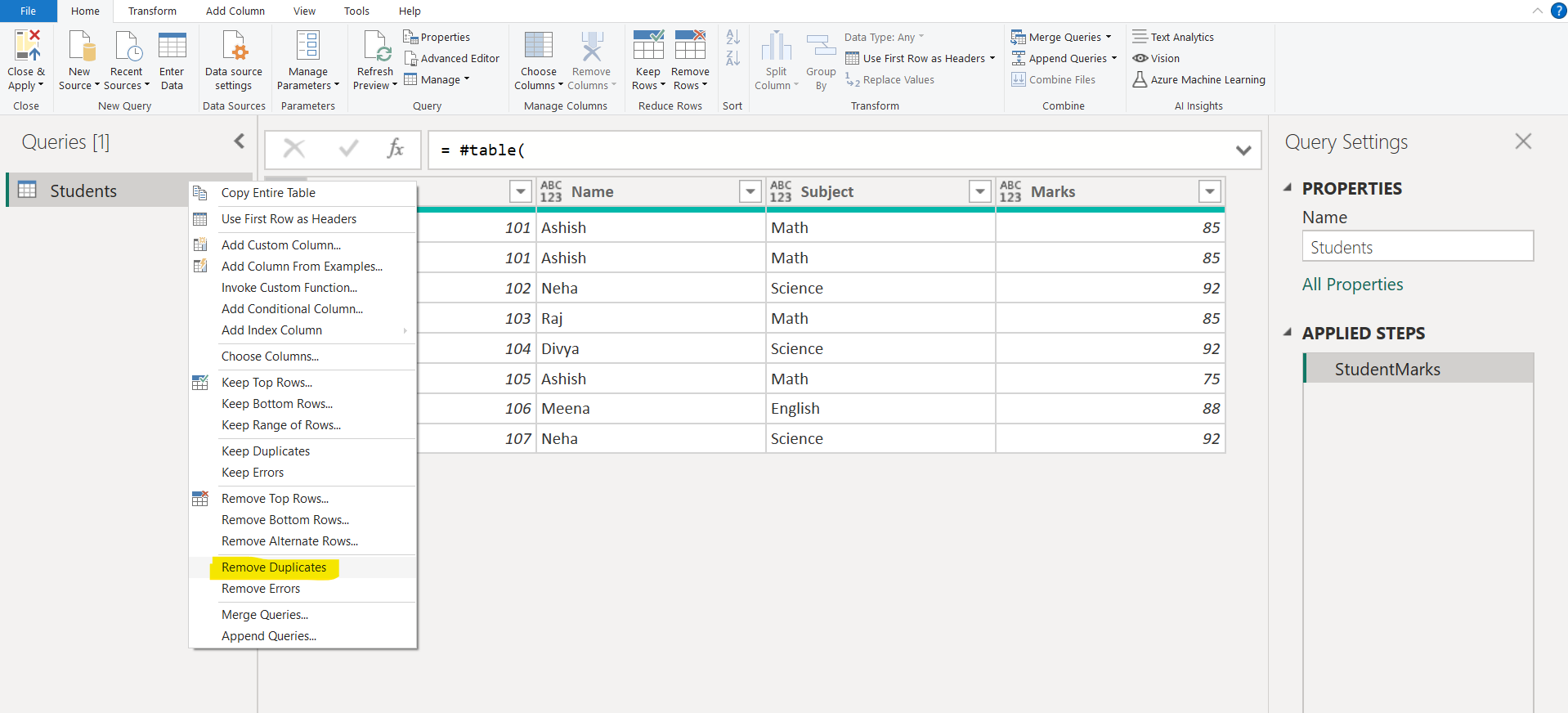 Remove Duplicates Option in Power Query