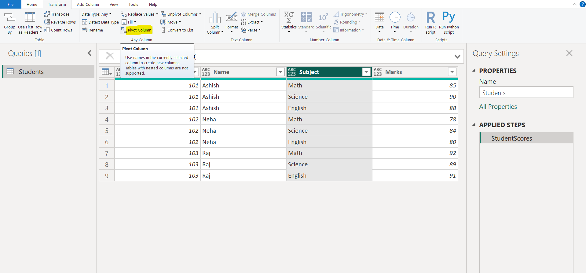 Pivot Columns in Power Query Editor Pivot Columns in Power Query Editor