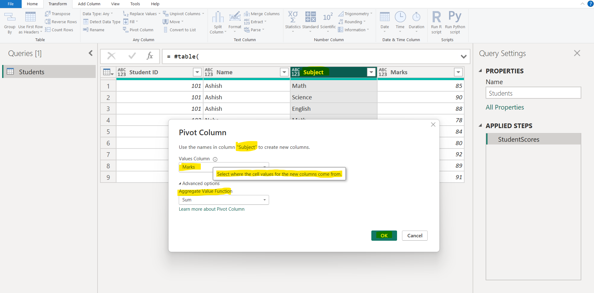 Pivot Columns in Power Query Editor Pivot Columns in Power Query Editor