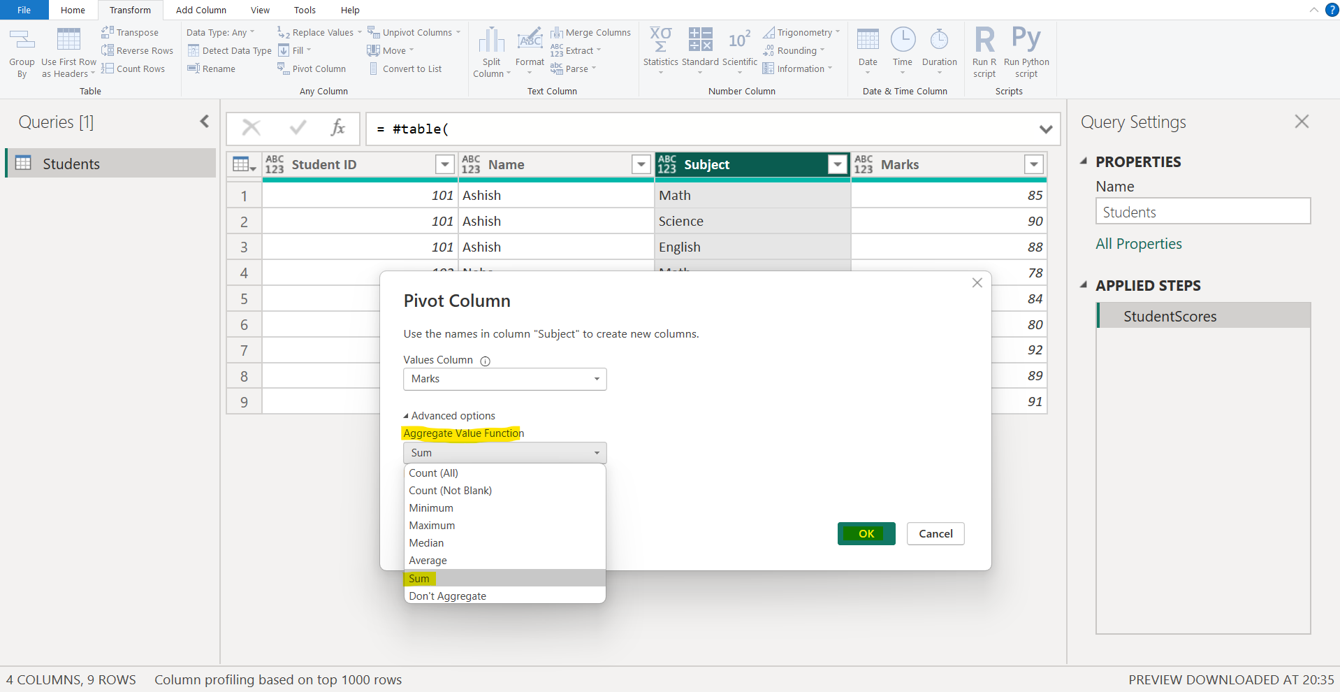 Pivot Columns in Power Query Editor Pivot Columns in Power Query Editor