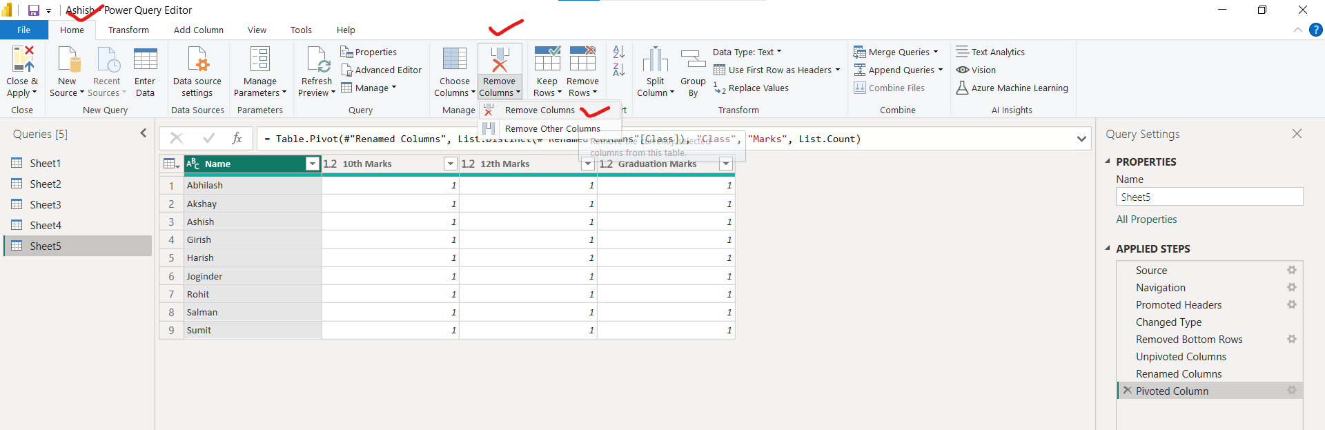 Remove Columns in Power Query Editor