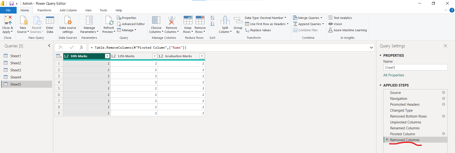 Remove Columns in Power Query Editor