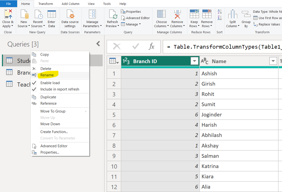 Rename Query in Power Query Editor