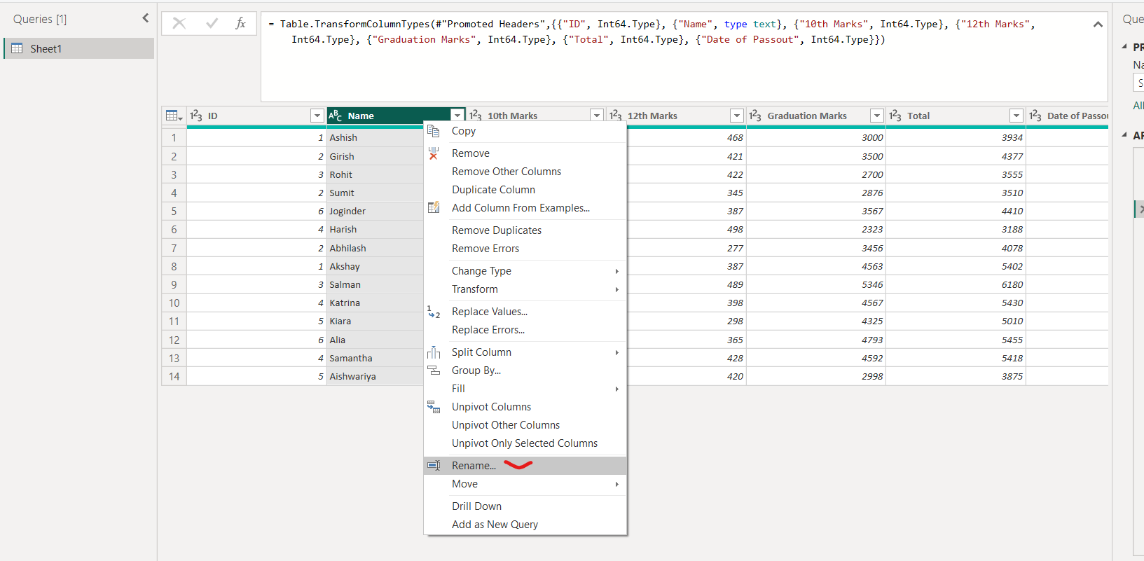 Rename Columns in Power Query Editor