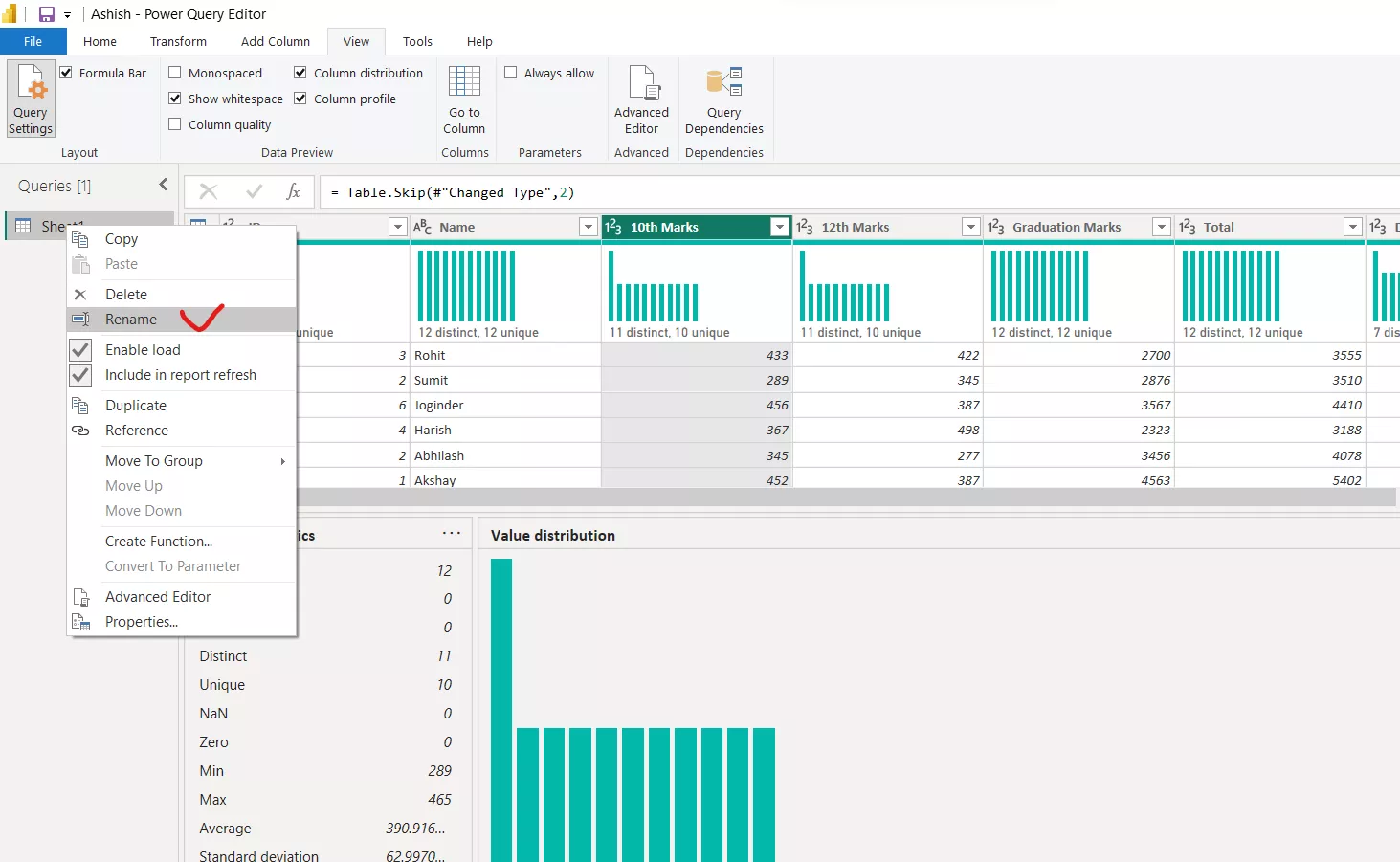 Rename Query in Power Query Editor