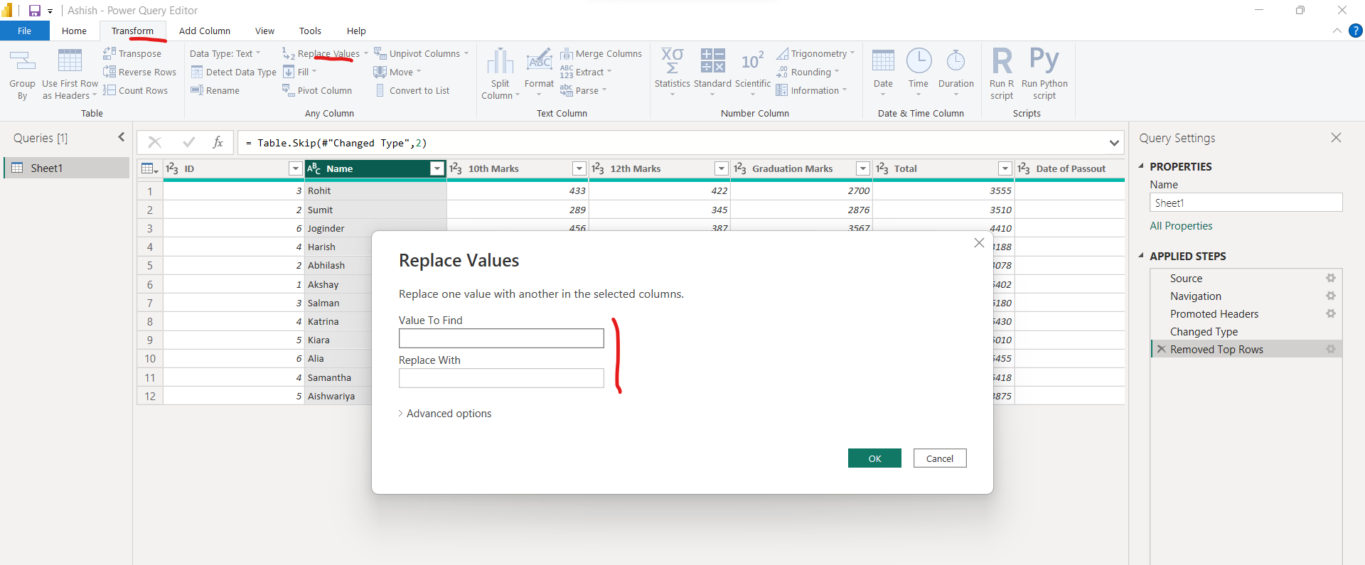 Replace Values in Power Query Editor