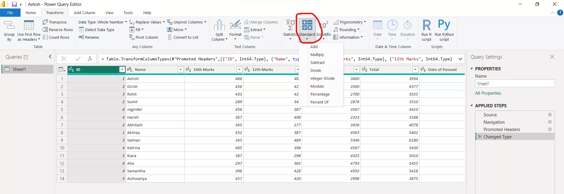 Standard Function in Power Query Editor