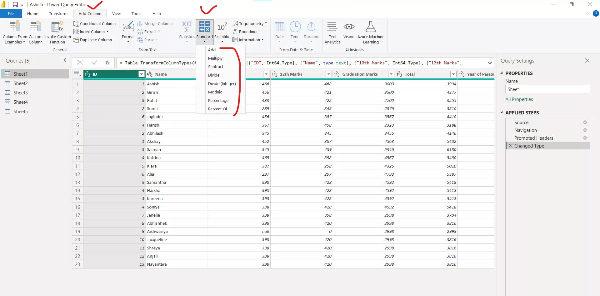 Standard Function in Power Query Editor