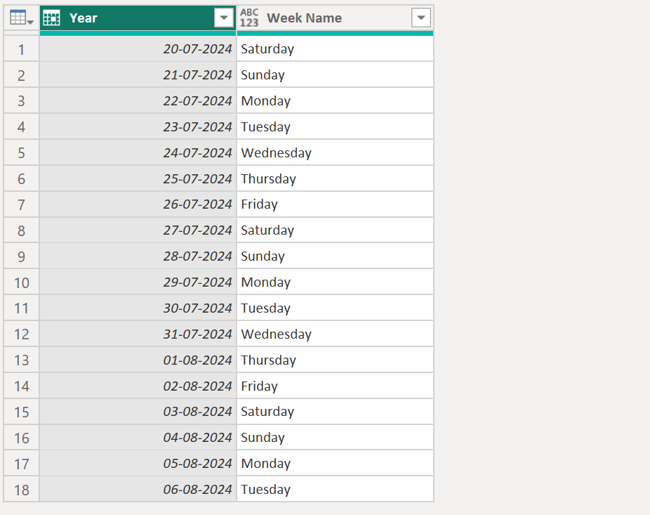 Date.DayOfWeekName function in Power Query