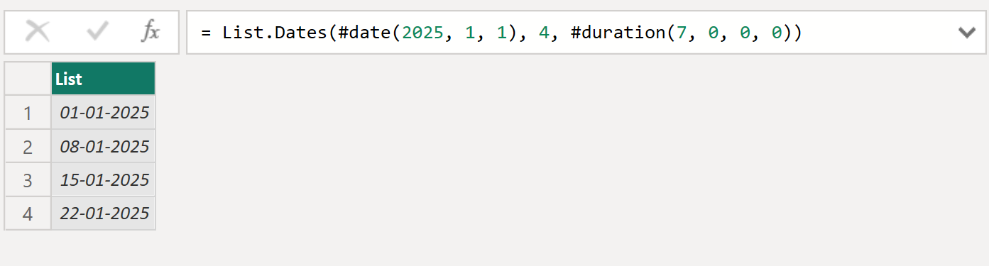 List.Dates function in Power Query Example 2 List.Dates function in Power Query Example 2