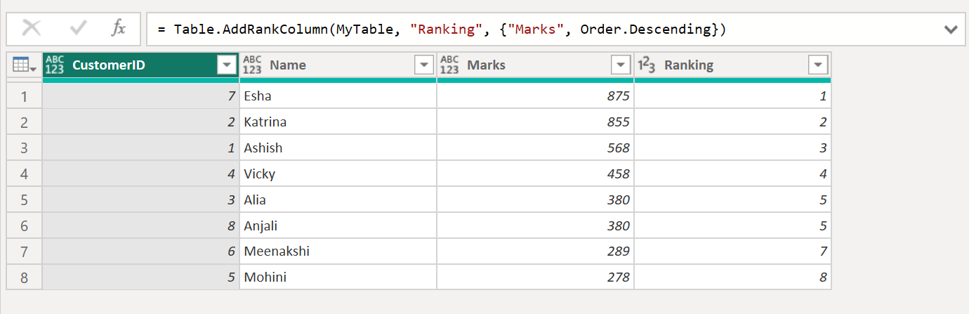 Table.AddRankColumn function in Power Query