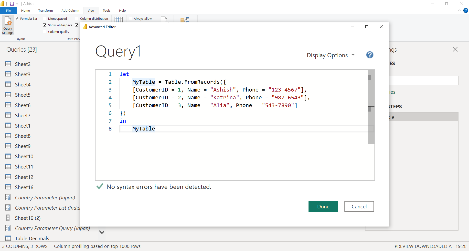 Table.FromRecords in Power Query