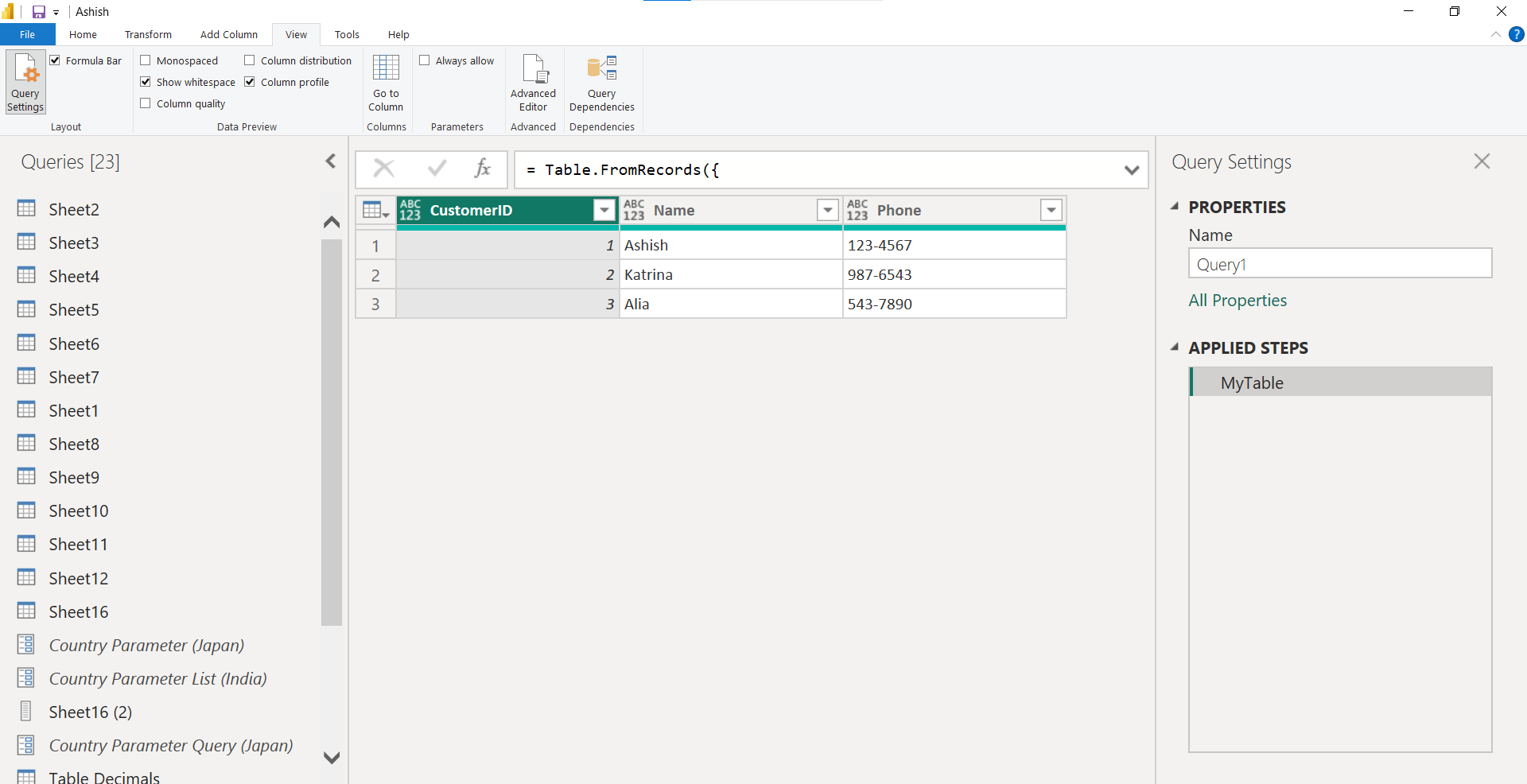 Table.FromRecords function in Power Query