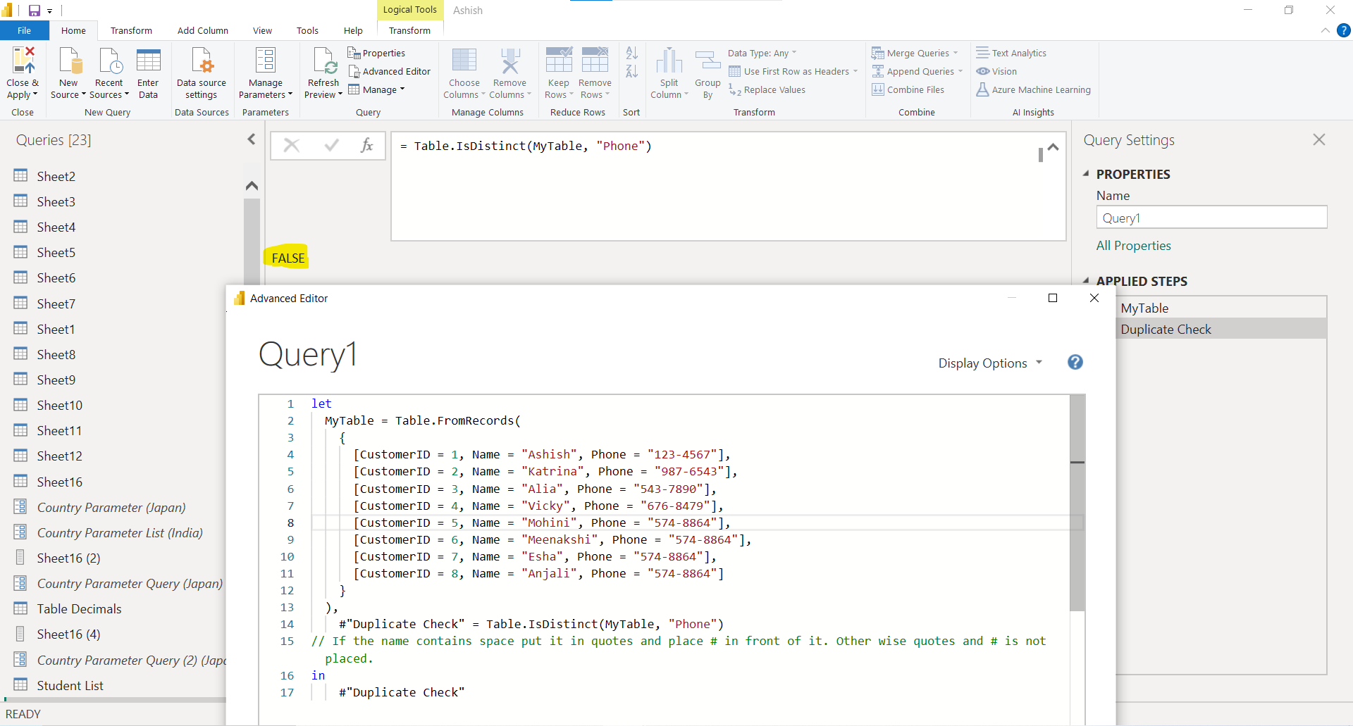 Table.IsDistinct function in Power Query