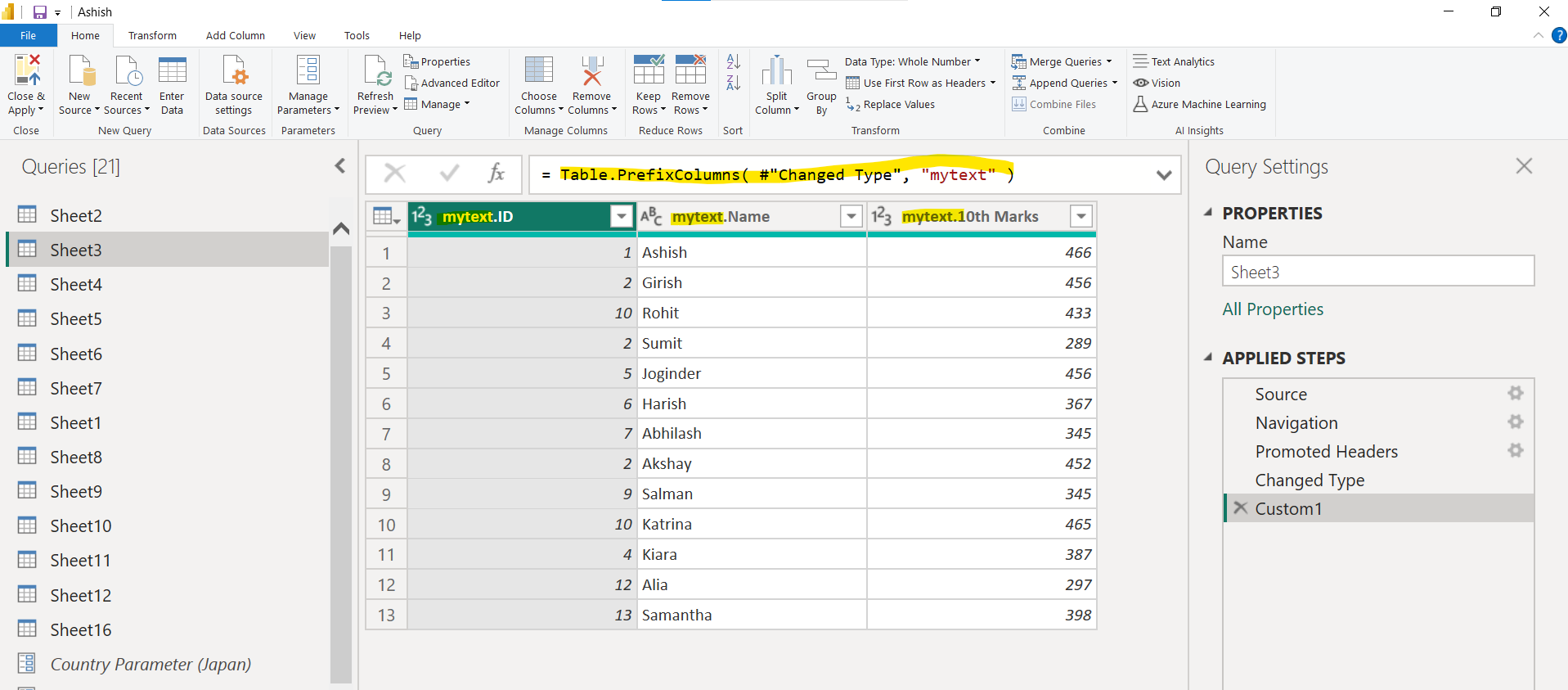 Table.PrefixColumns function in Power Query