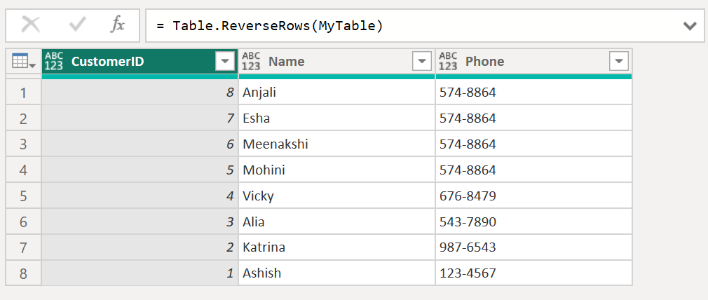 Table.ReverseRows function in Power Query