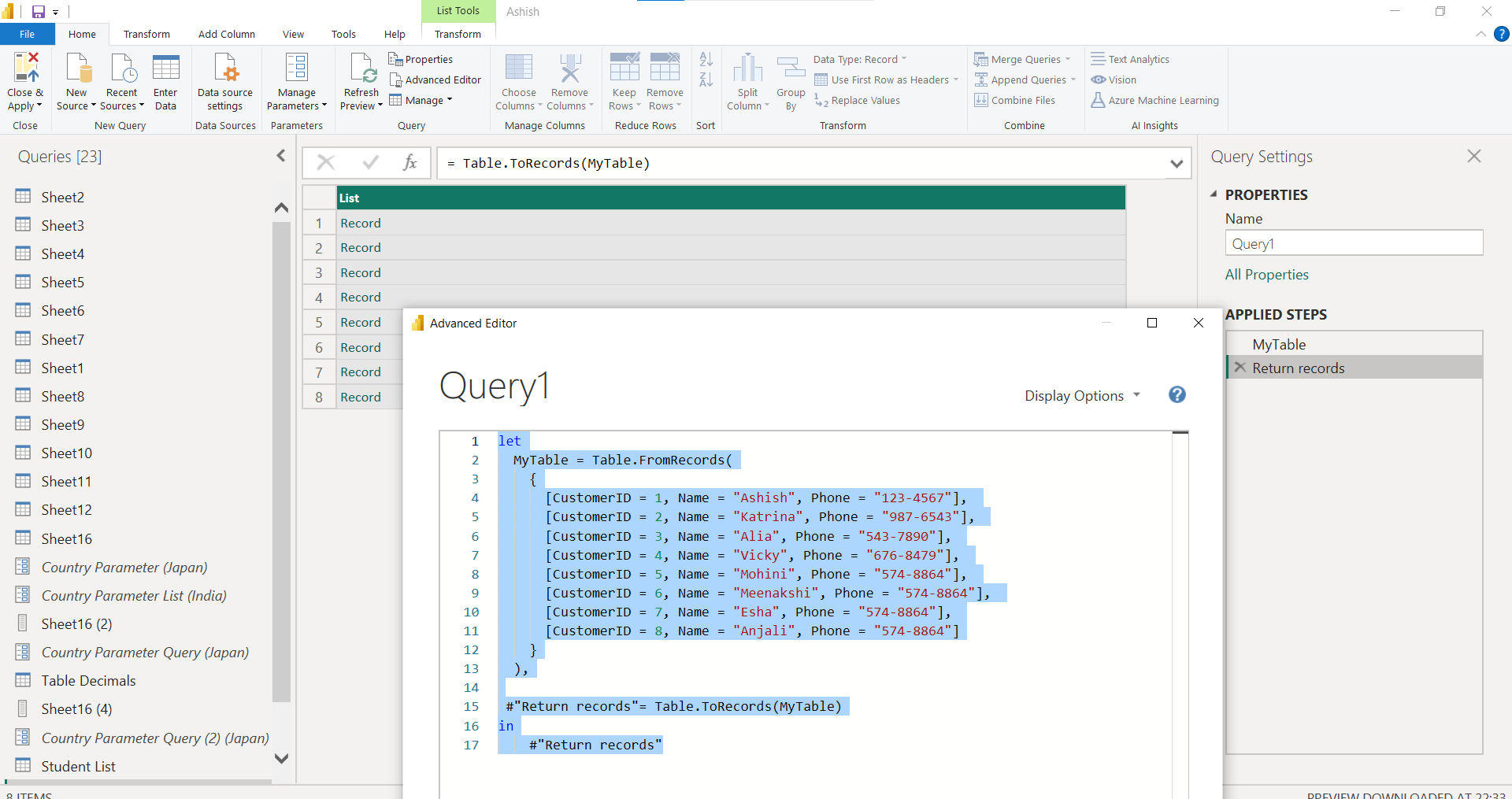 Table.ToRecords function in Power Query