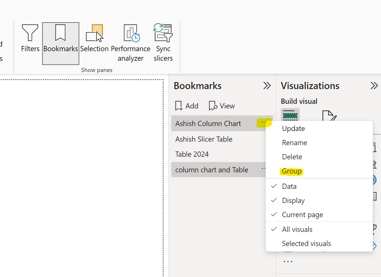Group and Ungroup Bookmarks in Power BI