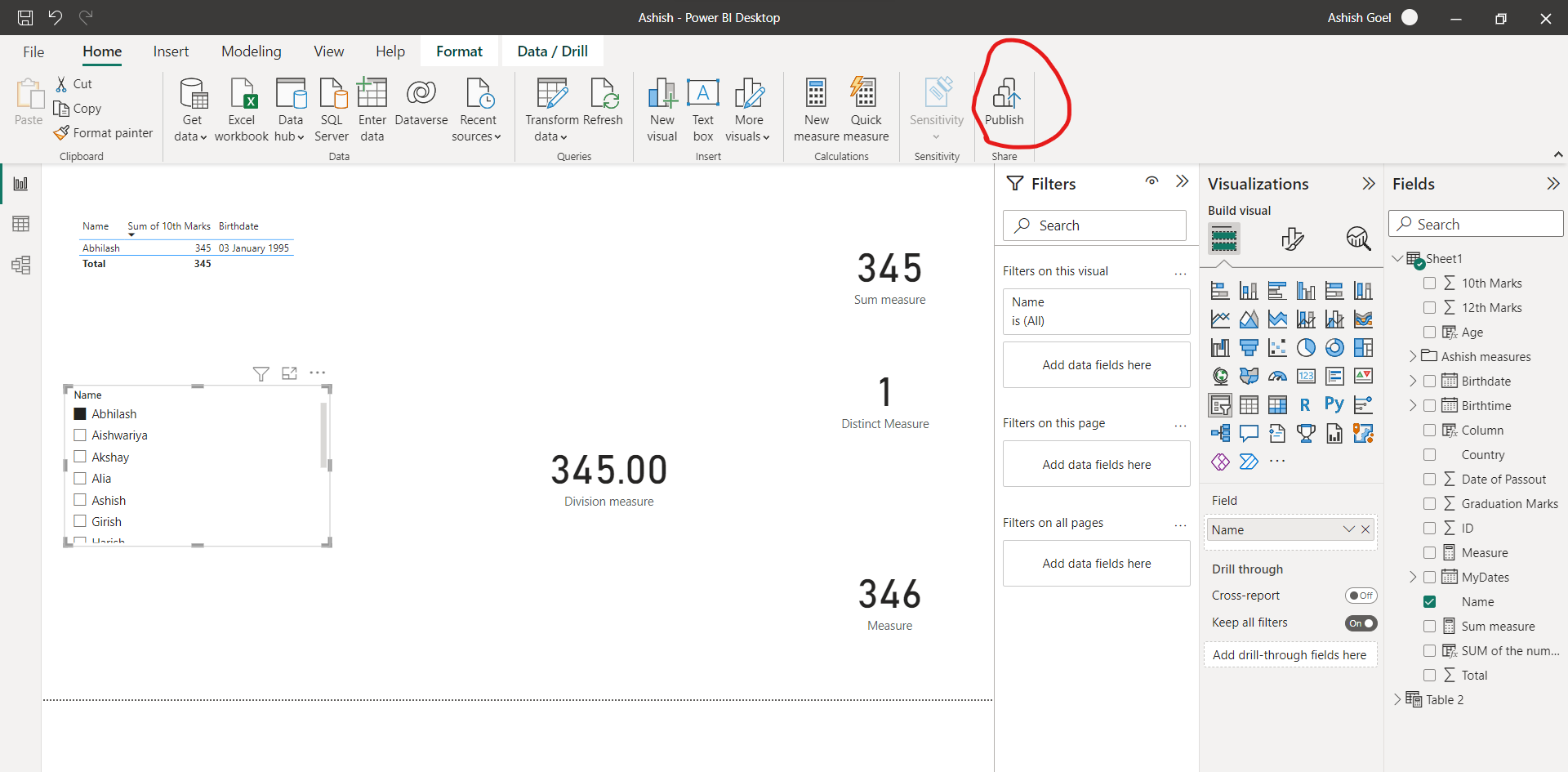 Publish report to power bi service